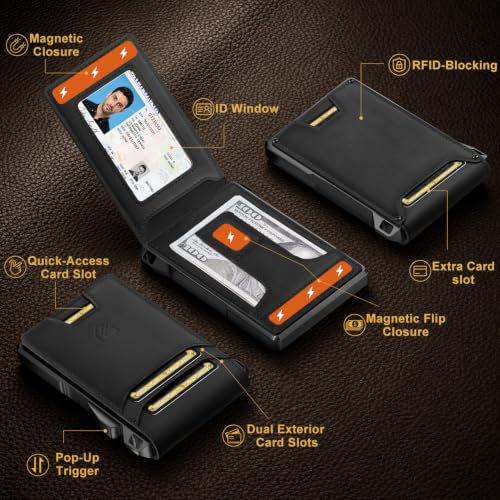 Image of RUNBOX Genuine Leather Bifold Wallet for Men, Slim RFID Pop-Up Card Holder