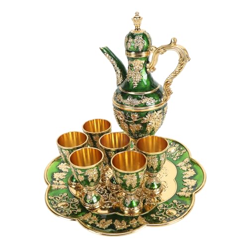 Set With Metal Teapot, Gold Green Porcelain Cups And Serving Tray, Traditional Coffee And Tea Serving Kit For Home