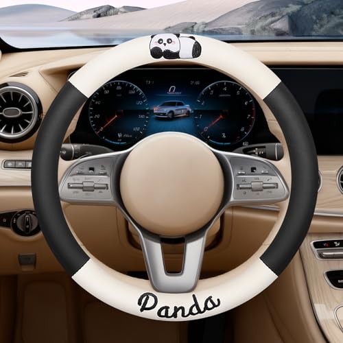 Beige White Panda Steering Wheel Cover, Nappa Leather Material, Universal