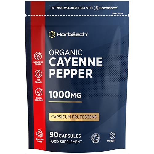 Organic Cayenne Pepper 1000mg | 90 Capsules | Capsicum Frutescens Powder | Suitable for Vegans & Vegetarians | by Horbaach