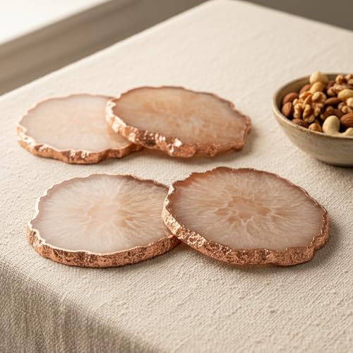 Image of Natural Agate Stone Tea Coasters Set | Premium Stone Coasters for Tea, Coffee & Glass | Heat Resistant Coasters for Dining Table, Office Desk & Home Decor | Pack of 4 | Color -Brown