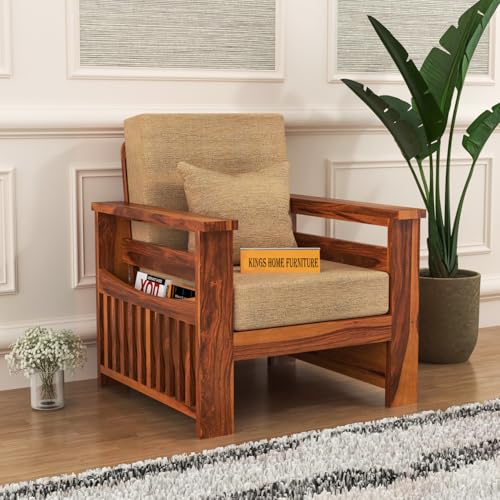 Image of Sheesham Wooden 1 Seater Sofa for Living Room | Rosewood 1 Seater Cushion Sofa Side Half Moon Rack | Solid Wood Sofa Set for Lounge (1 Seater,Honey)