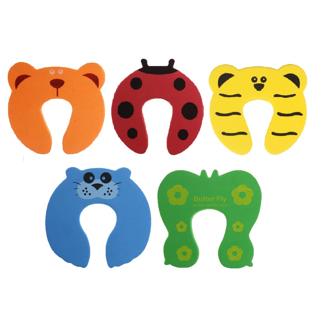 Door Finger Pinch Guards, 5 Pcs Cartoon Animal Soft Foam Door Stopper, Baby Proof Door Slam Stopper for Baby Finger Protection and Children Safety (5 Colors)