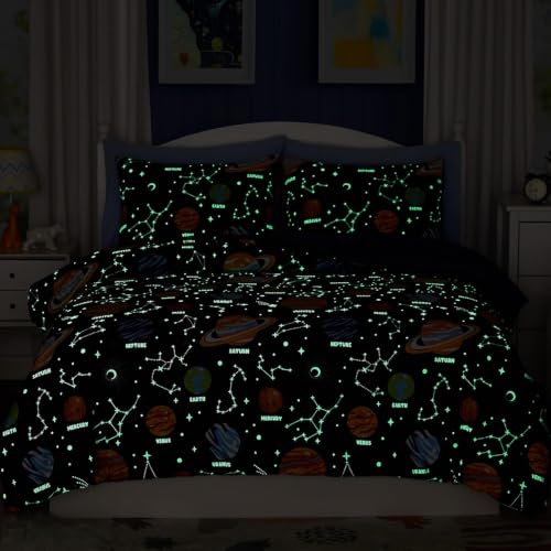 Image of Queen Size Comforter Set for Boys-7 Pieces Planet Glow in the Dark Bedding