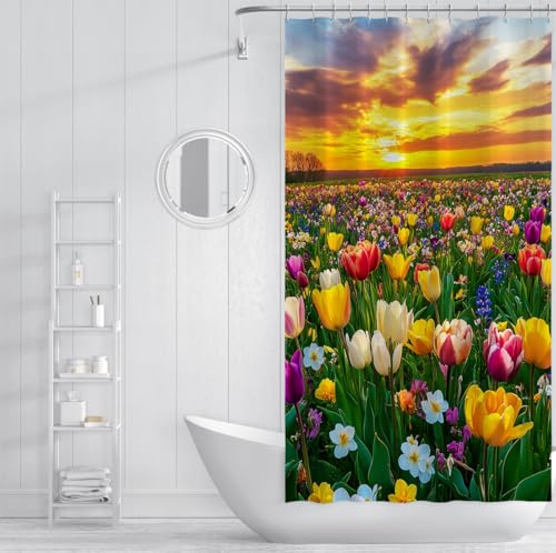 Rideau de douche nature tulipes 100x180 cm en polyester imperméable - 4