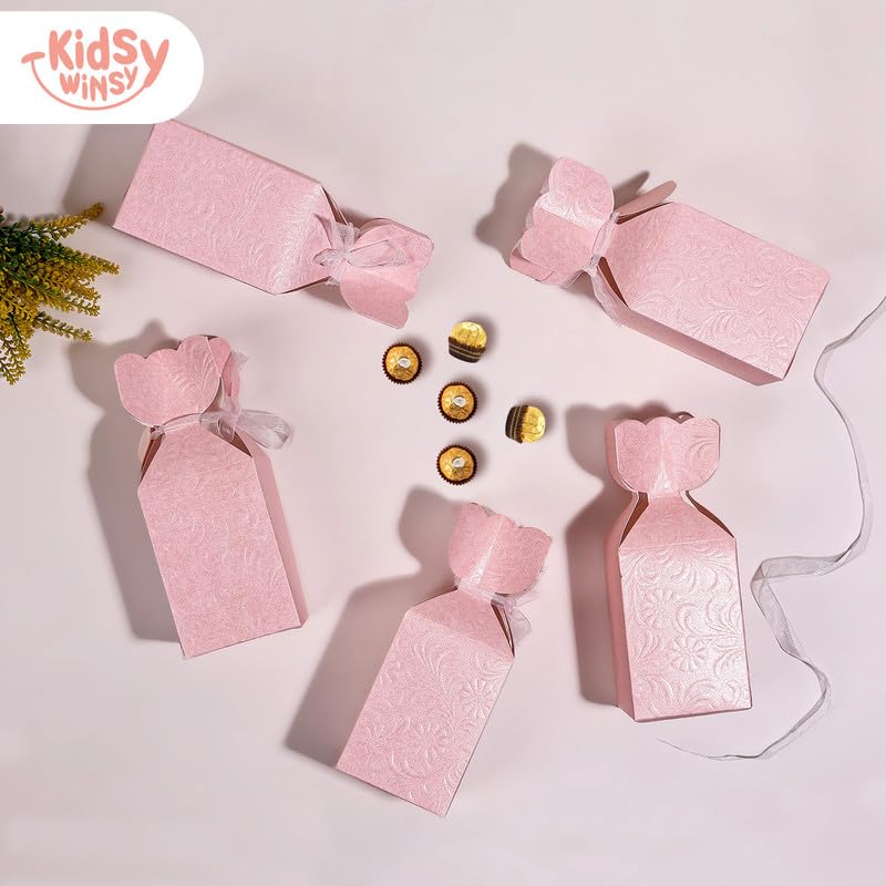 Kidsywinsy Gift Packing Boxes – Pack of 12 | 7x3x3 Inches with Gold Ribbons| Golden Strips-Pink for Return Gifts, Birthday, Baby Shower, Party & Favors 2