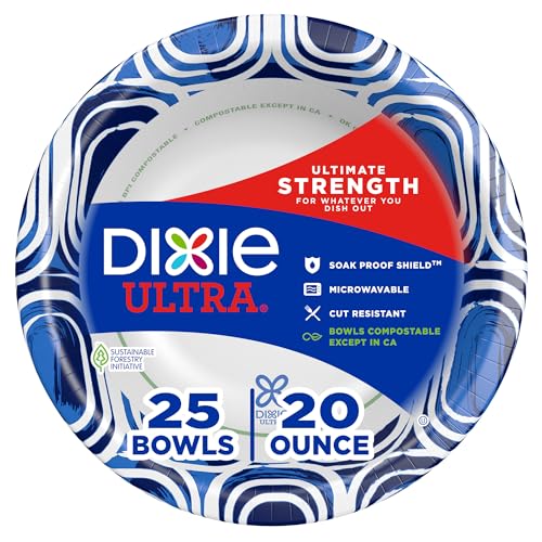 Dixie Ultra, Large Paper Bowls, 20 Oz, 25 Count, Microwave Safe, Compostable, Disposable Bowls Great For Breakfast, Lunch, And Dinner Meals