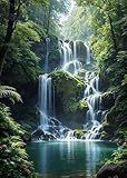 Natürliche Landschaft Spektakulärer Wasserfall Leinwand Malerei Grüner Baum Wald Poster Wand Kunst Drucke Wohnkultur Gemälde 60x90cm ohne Rahmen