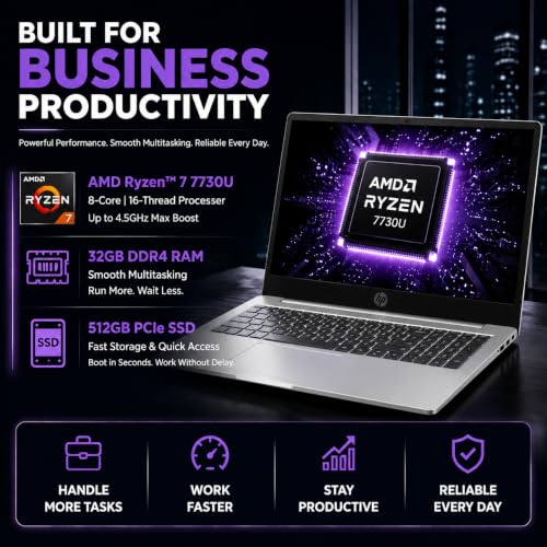 Image of HP 15.6 inch FHD Touchscreen Laptop • AMD Ryzen 7 Processor • 32GB RAM • 512GB SSD • Copilot AI • Windows 11 • Wi-Fi 6 • Microsoft 365 • Lightweight Laptop for Students, Home & Everyday Use
