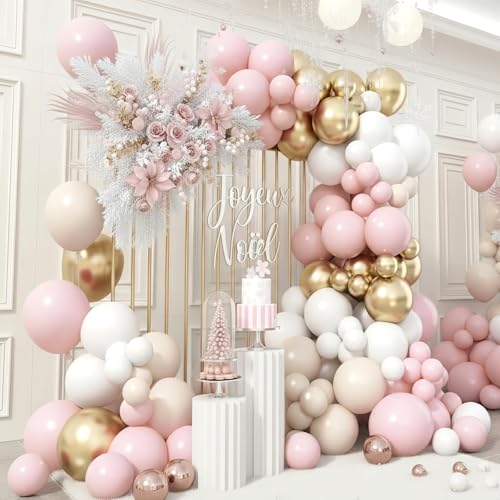 Image of Pink Beige Gold Balloon Garland Arch Kit, 109 Pieces Blush Pastel Pink Peach Pink Gold Beige White Sand Latex Balloon Garland Kit for Girls Women Birthday Baby Bridal Shower Wedding Party Decorations