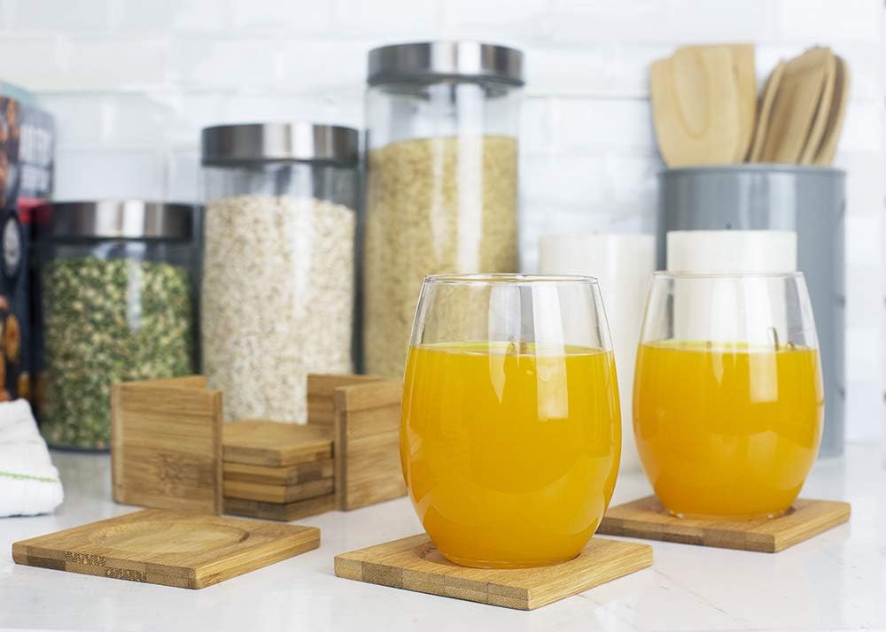 Home Basics Set of 6 Natural Bamboo Square Coaster with Holder, Perfect Table Coaster for Hot & Cold Drinks, Protect Home Kitchen Table, Office Desk – Spill Proof, Stackable & Furniture Protection