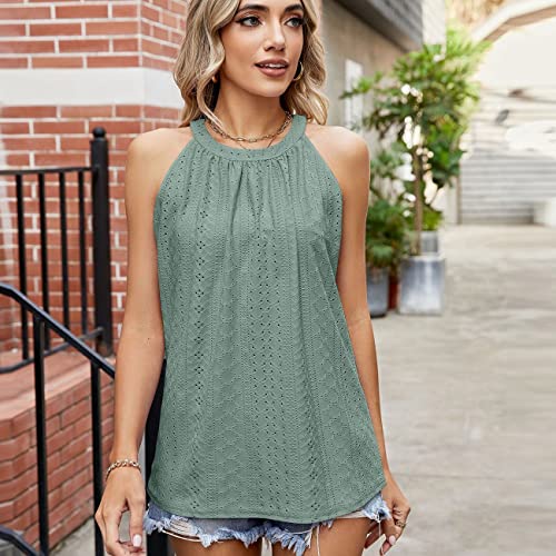 BKEPDY Camiseta Tirantes Mujer Tank Top Camisola Verano Cuello Halter Blusa sin Mangas Bordado Calado Tops Elegante Ropa Casual Deporte Algodon
