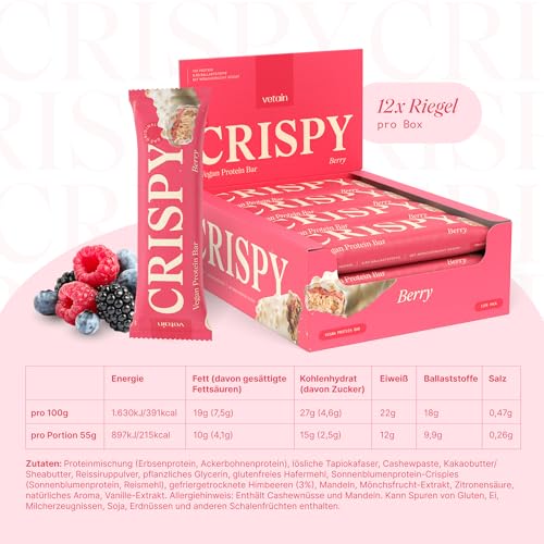 VETAIN Vegan Proteinriegel - Crispy Berry - 12g Protein pro Riegel - Mit Mönchsfrucht gesüßt - 100% natürliche Zutaten - Ohne Palmöl - Frei von Sucralose & Maltit - 12 x 55g 6