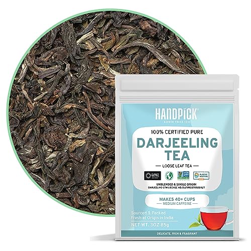 Image of HANDPICK, Darjeeling Tea Loose Leaf (85g /3oz) +40 Cups | Non-GMO, Med Caffeinated, Pure Darjeeling Black Tea Loose Leaf | Resealable Ziplock Pouch