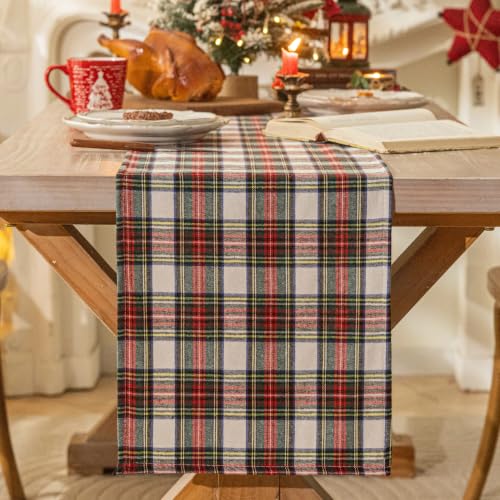 AQOTHES Red White Plaid Christmas Table Runner 72 inches long Table Decor | Winter Holiday Table Runners, Indoor Outdoor Xmas Decorations, Farmhouse Home Kitchen Dining Party Decor, Polyester Fabric