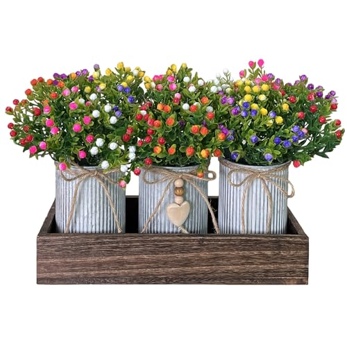HEMYLU Table Centerpiece Decoration Artificial Flower Set with 3 Fake Milan Bouquet and Wood Tray for Desk Home Bathroom Office Décor