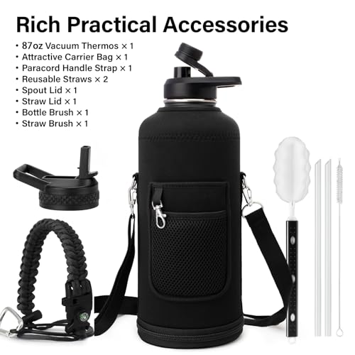 Insulated Water Bottle | Thickened Stainless Steel for Gym and Hiking with Straw, Carrier Bag, Handle Strap | BPA-Free 87 oz