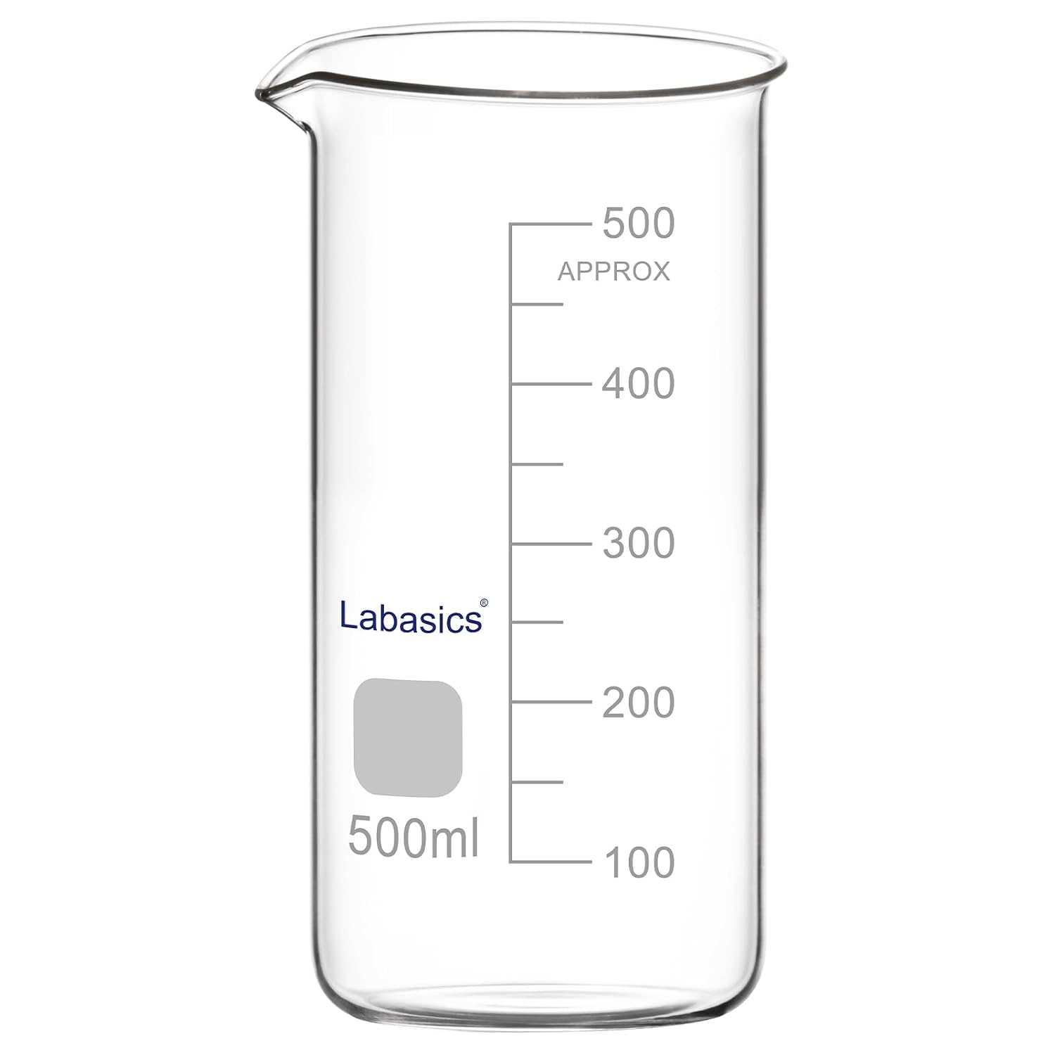 Labasics Glass Tall Beaker, Borosilicate Glass Graduated Tall Form Griffin Beaker with Pouring Spout, 1 Pack, 500 ml