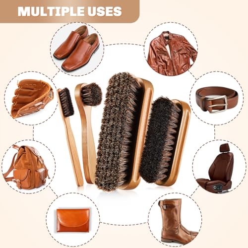 Image of 4 Pcs Horsehair Shine Shoes Brush Kit Polish Dauber Applicators Cleaning Leather Shoes Boots Care Brushes Suede Cleaner Brush with Microfiber Shoe Cloth(Wooden Style A)