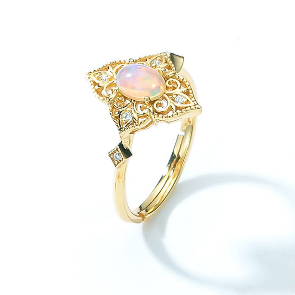 Anello In Argento Sterling 925,Anelli Rotondi Regolabili Per Donna Opale Ovale Argento Sterling 925 Zircone Floreale Retrò Placcato Oro 7 Chakra Fedi Nuziali Promettono Anelli Per Ragazze Signore