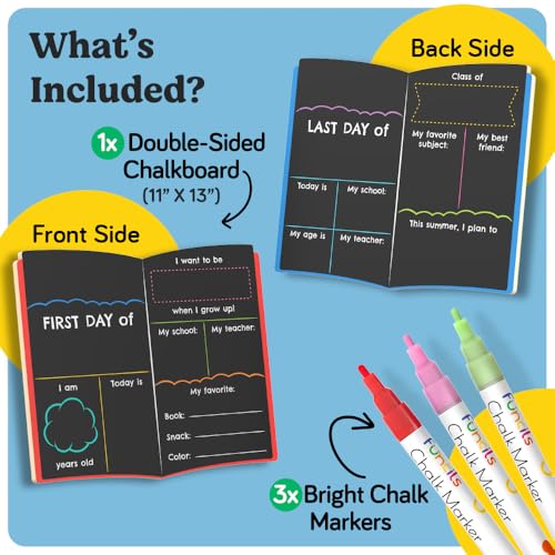 Chalkola My First Day of School Sign Board with 3 Liquid Chalk Markers | 13”x11” Double-Sided & Reusable Chalkboard Sign - 1st and Last Day - Back to School Board for Kindergarten, Preschool Kids