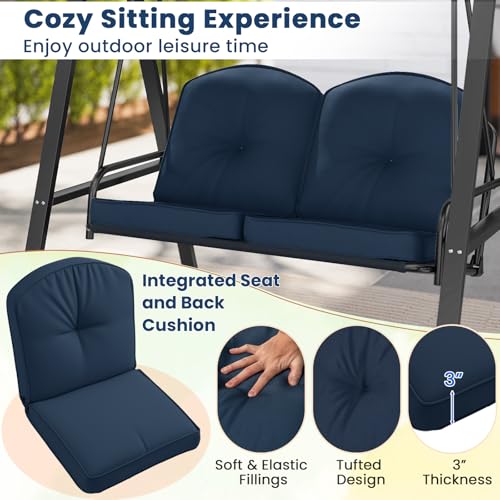Image of Tangkula 2 Person Porch Swing, Patio Swing with Adjustable Canopy, Heavy-Duty Metal Frame & Soft Cushion, Outdoor Swing for Backyard, Garden (Navy)