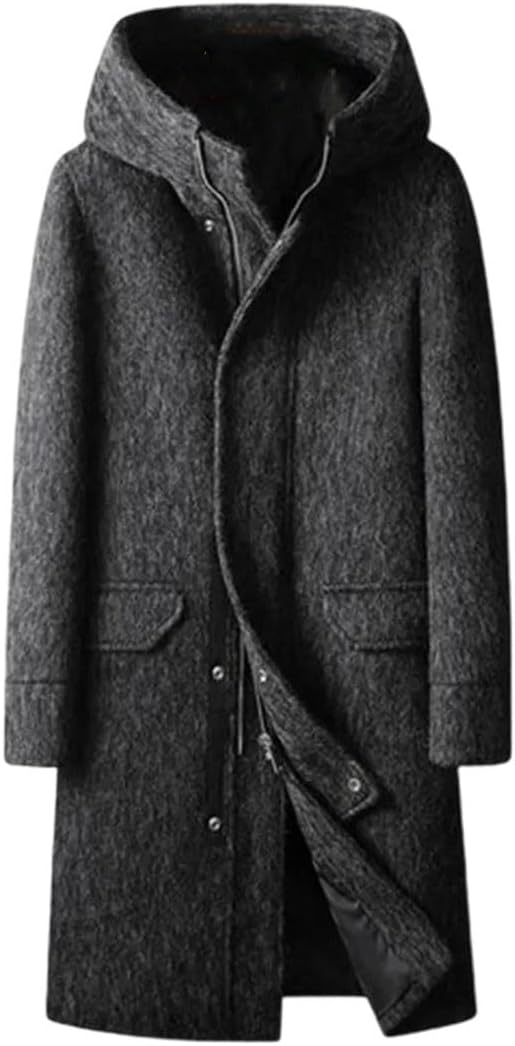 男性の長いフード付きウールのトレンチコート厚い暖かいソリッドビジネスカジュアルジャケットコート