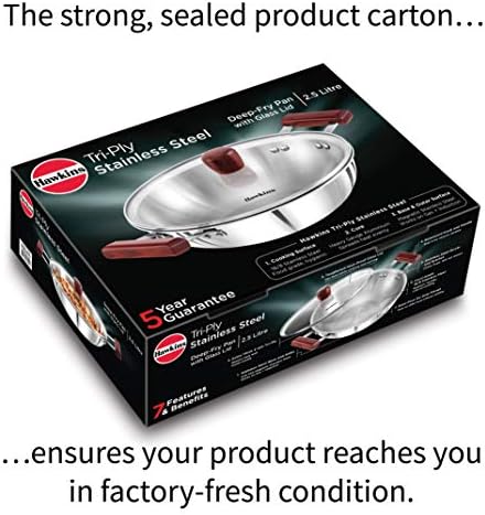 Hawkins Triply 3 mm Stainless Steel Deep Fry Pan 2.5 LTR with Lid, Silver (SSD25G), Standard