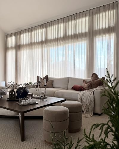Image of TWOPAGES Light Brown Pinch Pleated Sheer Curtains, 72 inch W x 90 inch L, 2 Panels