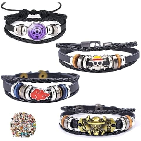 JinYu 5 Pack Anime Fan Bangles Jewelry Cosplay Prop Accessories Anime Bracelet Cuff Bangle Wrist Belt Jewelry Gift Men Braided Leather Bracelet Black Punk Rock Skull Bracelet With 10 pcs Stickers Cover