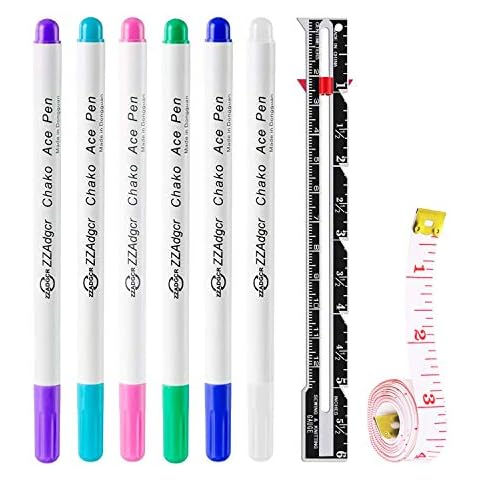 Fabric Markers Pens, 6 Color Water Soluble Erasable Marking Pens, 1 Pcs Gauge Sewing Measuring Tool, 1 Soft Tape Measure, for Tailor's Disappearing Ink Pen, Sewing Fabric Markers and Tracing Tools Cover