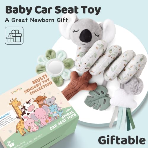 Image of Stuffed Aesthetic Koala Spiral Car Seat Toys for Babies, Gender Neutral Infant Stroller Toy with Teether Hanging, Baby Registry Search Must Haves 0-6 Months