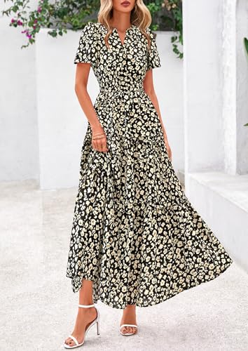 PRETTYGARDEN Women's 2025 Summer Boho Maxi Dresses Floral Short Sleeve V Neck A Line Tiered Flowy Long Beach Vacation Dress4