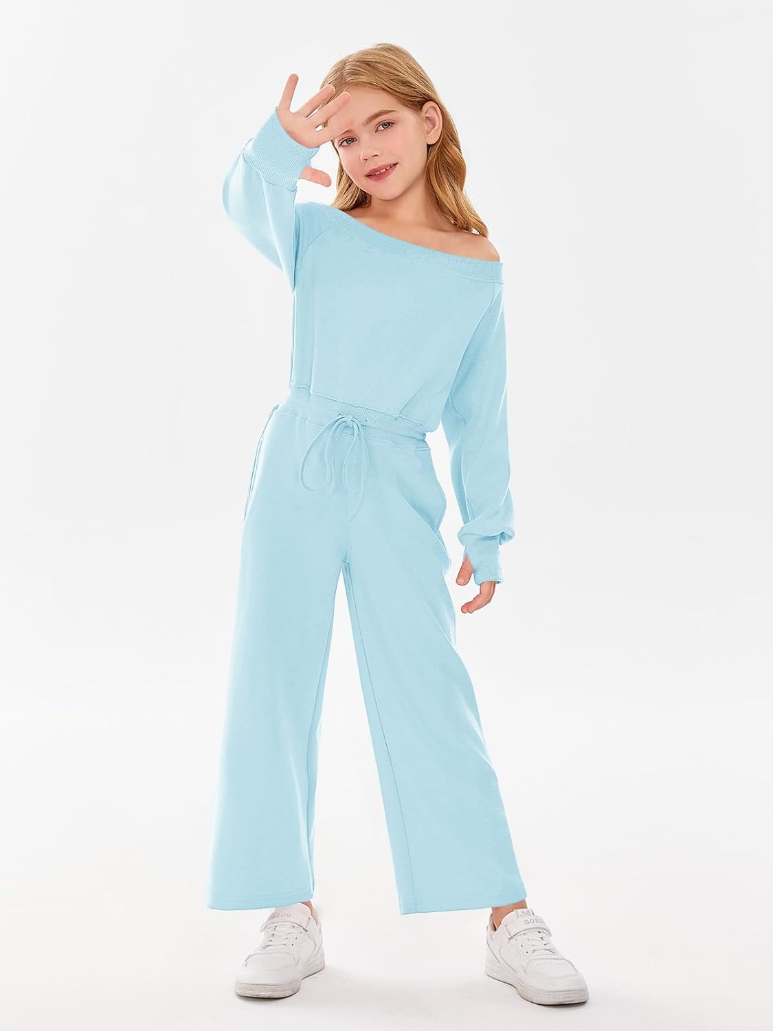 Haloumoning Girls Casual Jumpsuits Long Sleeve Off the Shoulder Wide Leg Loose Rompers with Pockets 5-14 Years - Image 2