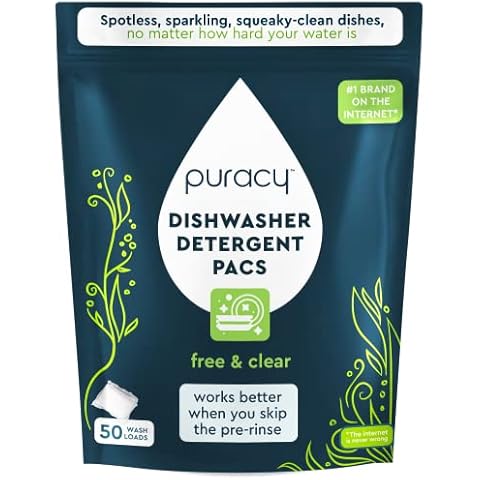 Puracy Dishwasher Pods, Natural Dishwasher Detergent, Free & Clear Dish tabs - Enzyme-Powered, Spot & Residue Free - TikTok Trend Items, Must Haves from TikTok Made Me Buy It (Free & Clear, 50 Count) Cover