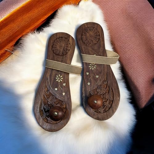 Image of Khadau Chappal for Men | Wooden Charan Paduka for Puja, Wearable Wooden Chappal Eco-Friendly (Rosewood) (6UK, Strap-WEAR)