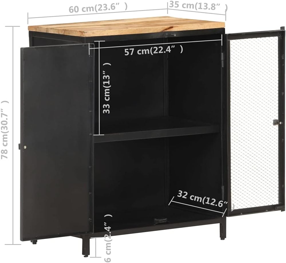 Industrial Style Sideboard with Solid Mango Wood and Powder-Coated Iron Frame, 23.6x13.8x30.7 Inches, Black, 2 Spacious Compartments, Includes Mounting Kit for Secure Wall