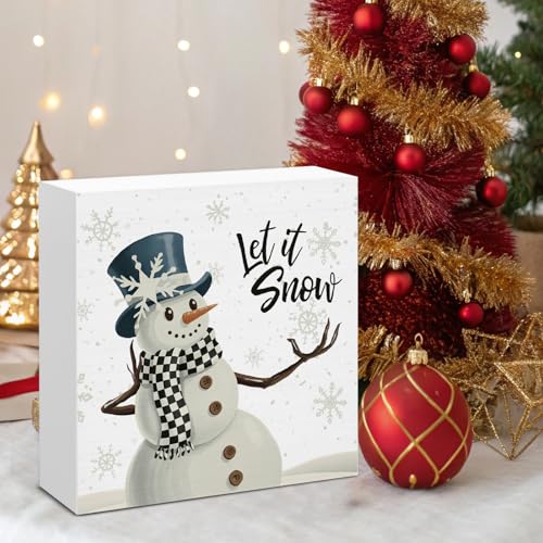 Image of Winter Decor, Snowman Let It Snow Wood Box Sign, Farmhouse Christmas Home Office Decorations for Desk Table Shelf 5 X 5 Inches
