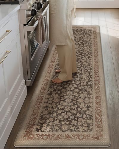 COLOR&GEOMETRY Tapis de Cuisine Vintage Boho, Grand Tapis Antidérapant et Imperméable, Facile à Nettoyer, Coussin Anti-Fatigue de 10mm pour Devant l‘Évier de Cuisine et Couloir, 60x220cm, Taupe Clair
