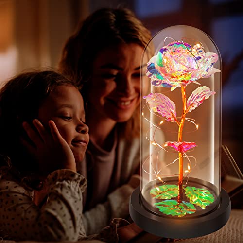 Preserved Rose Flower Gifts For Women, Beauty And The Beast Rose In Glass Dome With Led Light, Glass Rose Flowers Anniversary Birthday Gifts For Mom Girls Girlfriend Her #TOP3