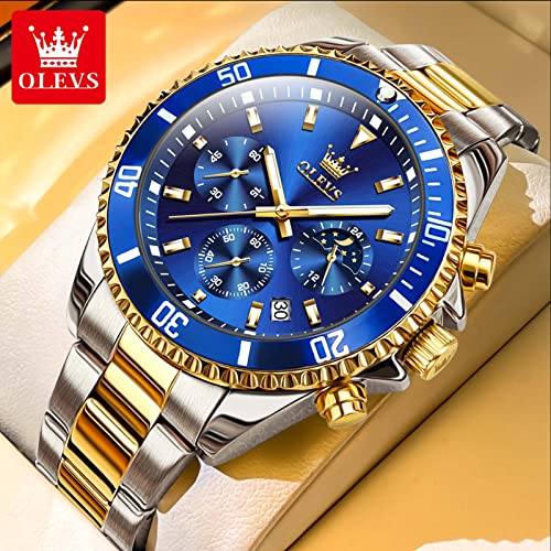 OLEVS Men Watch,Big Dial Watches for Men Stainless Steel Watch with Day Waterproof Analog Quartz Watches for Man Classic Business Wristwatch Luxury Luminous Round for Men Rotatable Bezel Watch3
