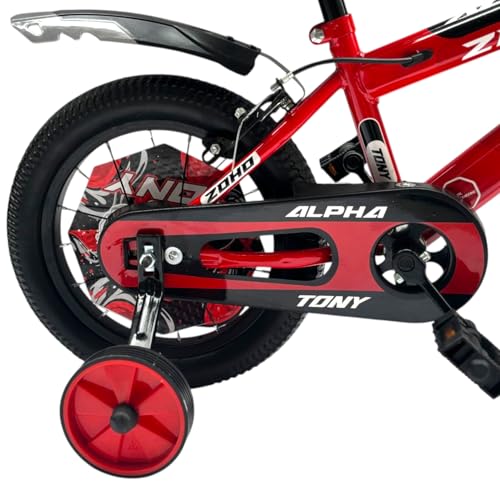 Image of TONY RAW Kids Bicycle 14T inch Sports Cycle for 3 to 5 Years Baby Boys & Girls with Side Training Wheels & Back Rest Seat /Water Bottle SEMI-Assembled (Red)