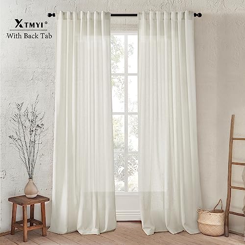 96 Inches Long Modern Farmhouse Linen Curtains For Living Room,Hang Pin Hooks(No Rings)Back Tab Sheer Pleated Curtains For Bedroom Dining Room,96 Length 2 Panel Set,Ecru Cream Colored(Ivory/Off White) #TOP3