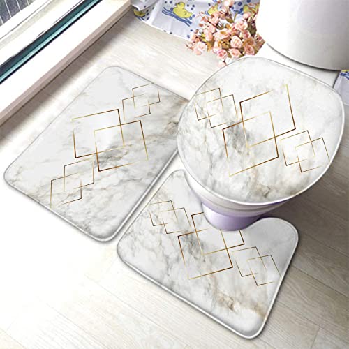 Badezimmerteppich-Set, 3-teilig, Marmor- und Goldgeometrie-Rhombus-Marmor, waschbare Badteppiche, rutschfest, mit Rückenpolster, Konturteppich und Toilettendeckelbezug