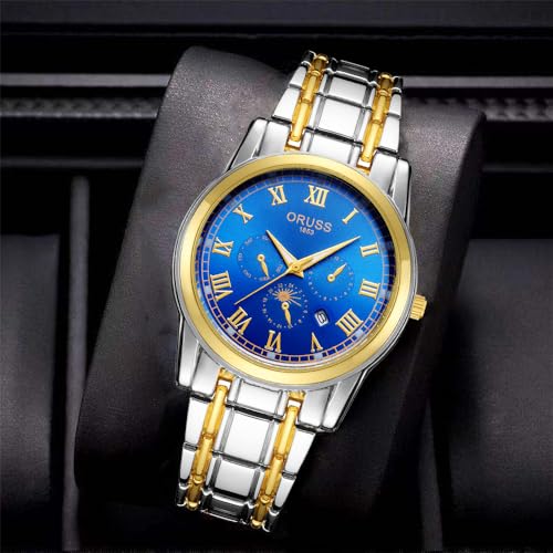Image of ORUSS Men's Analog Quartz Watch with Stainless Steel Band, Waterproof, Date Display, Two-Tone Casual Wristwatch