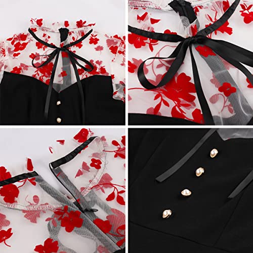 Image of 1950s Dresses for Women Vintage Elegant Short Puff Sleeve Polka Dot Patchwork Knee Length Cocktail Party Dress