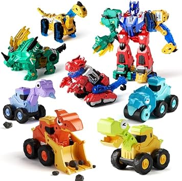 Magnetic Dinosaur Robot & Press and Go Dino Truck Toys Set for Kids, 6-in-1 Magnetic Dino Transforming Robot + Dinosaur Construction Vehicles, STEM Building & Sandbox Play Gift for Boys Age 28