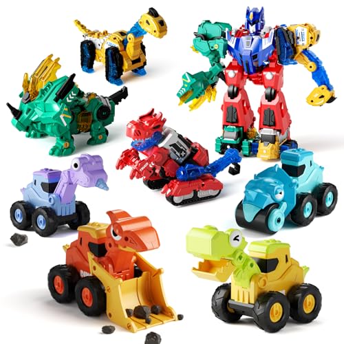 Magnetic Dinosaur Robot & Press and Go Dino Truck Toys Set for Kids, 6-in-1 Magnetic Dino Transforming Robot + Dinosaur Construction Vehicles, STEM Building & Sandbox Play Gift for Boys Age 2–8