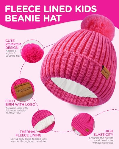 Image of Kids Winter Hat Scarf Gloves Set - Girls Boys Fleece Lined Beanie Hat with Pom Knit Scarf Warm Mittens for Children