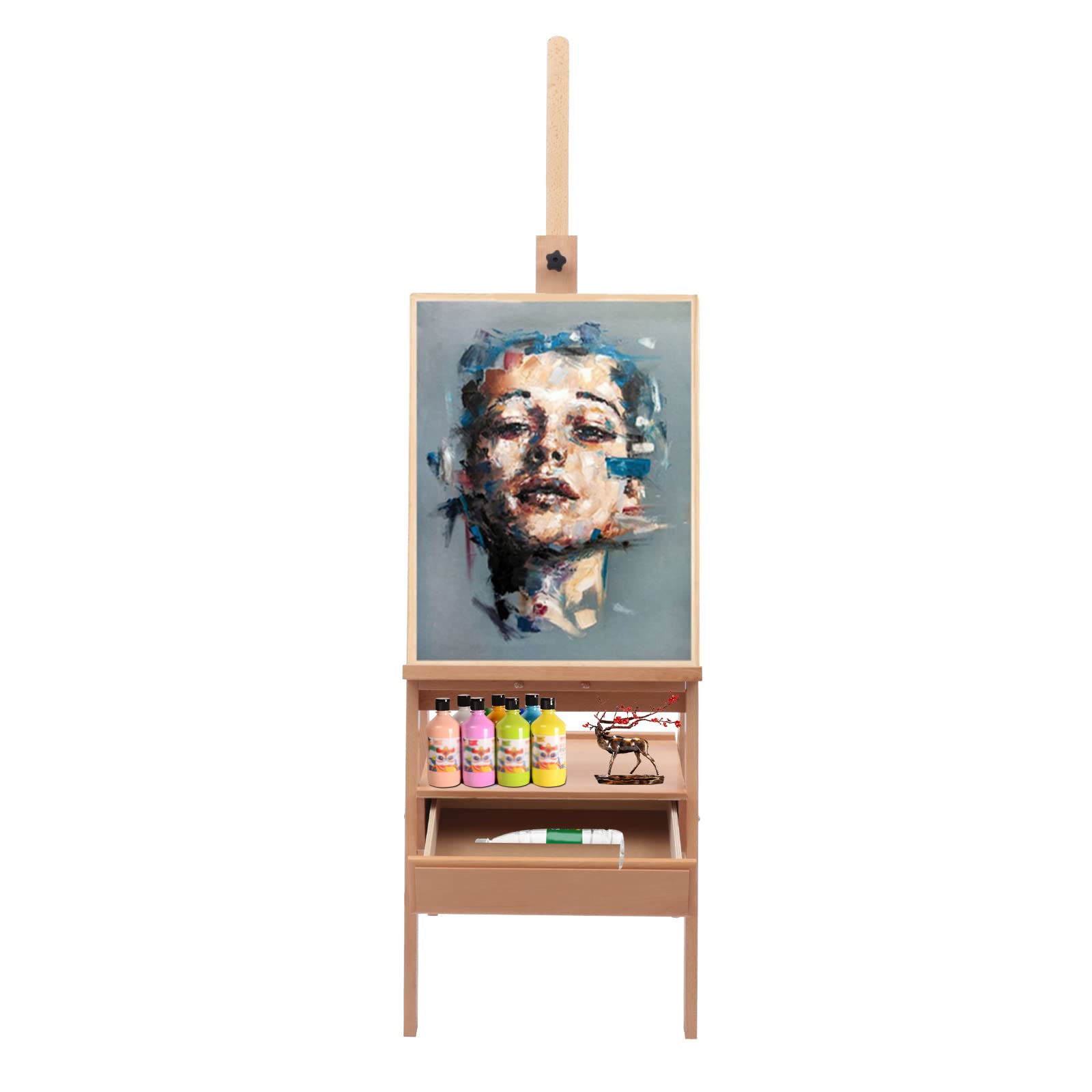 Cavalletto da atelier pieghevole in legno di faggio con cassetto, altezza regolabile 154-198 cm, adatto per pittura artistica e pubblicità all'aperto, bambini e adulti